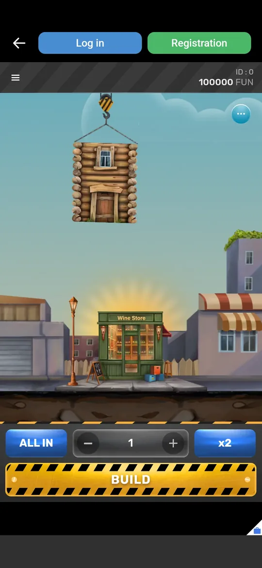 Tower Rush gameplay screenshot showing the crane about to lower the first floor