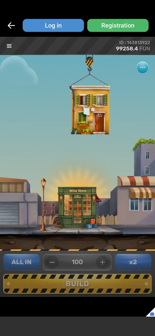 Tower Rush screenshot showing an active round with the stake field set and the current balance on screen
